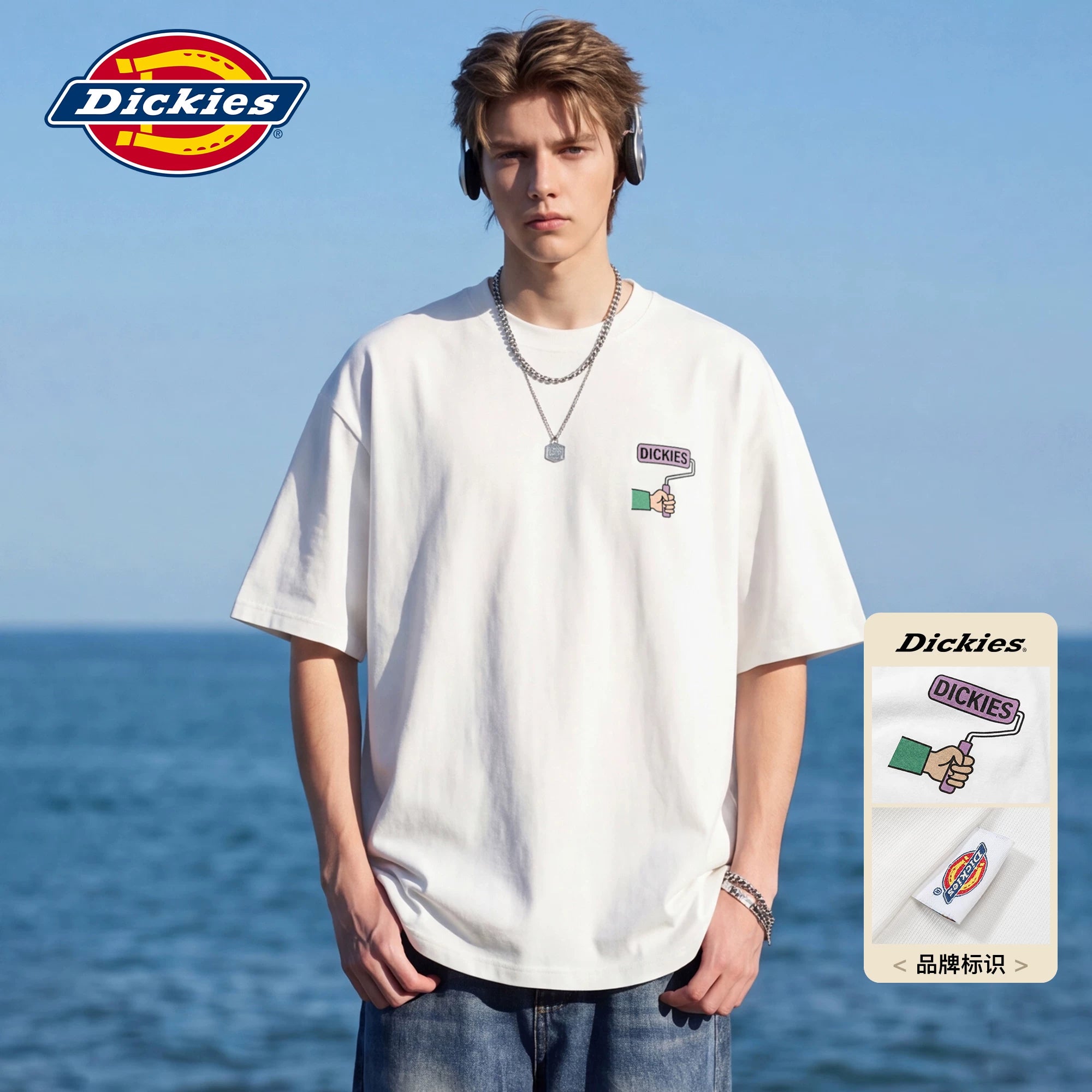 Dickies Cool Suitable Pure Cotton Short sleeved T-shirt Men's Summer American Trendy Brand Cartoon Letter Printed Half Sleeve Top M