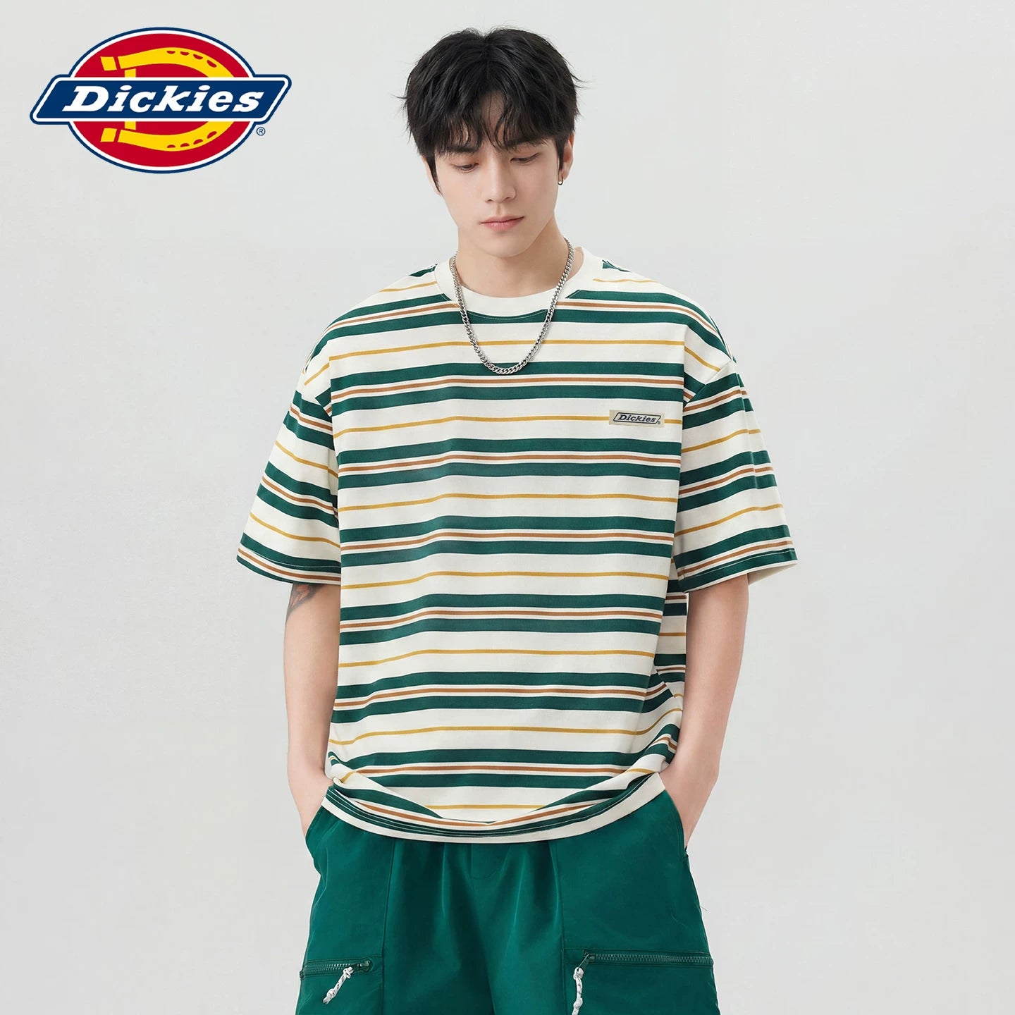 Dickies Cool Summer New Match Striped Short sleeved T-shirt for Men, Loose Thin Casual Top Y