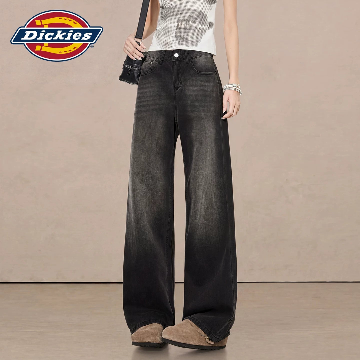 Dickies Cool Washable Black Grey Wide Leg Jeans for Women in Summer, High Waist Straight Leg Pants, Small and Comfortable, M