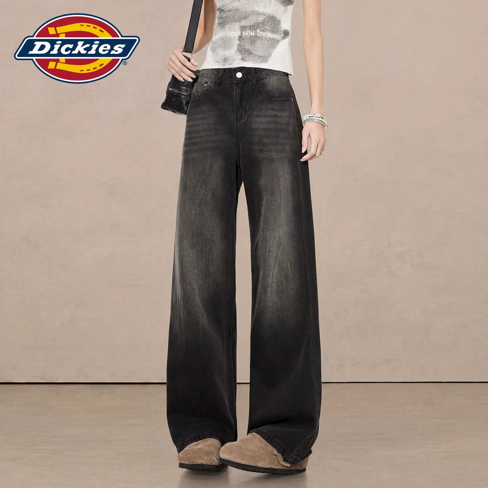 Dickies Cool Washable Black Grey Wide Leg Jeans for Women in Summer, High Waist Straight Leg Pants, Small and Comfortable, M