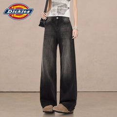 Dickies Cool Washable Black Grey Wide Leg Jeans for Women in Summer, High Waist Straight Leg Pants, Small and Comfortable, M