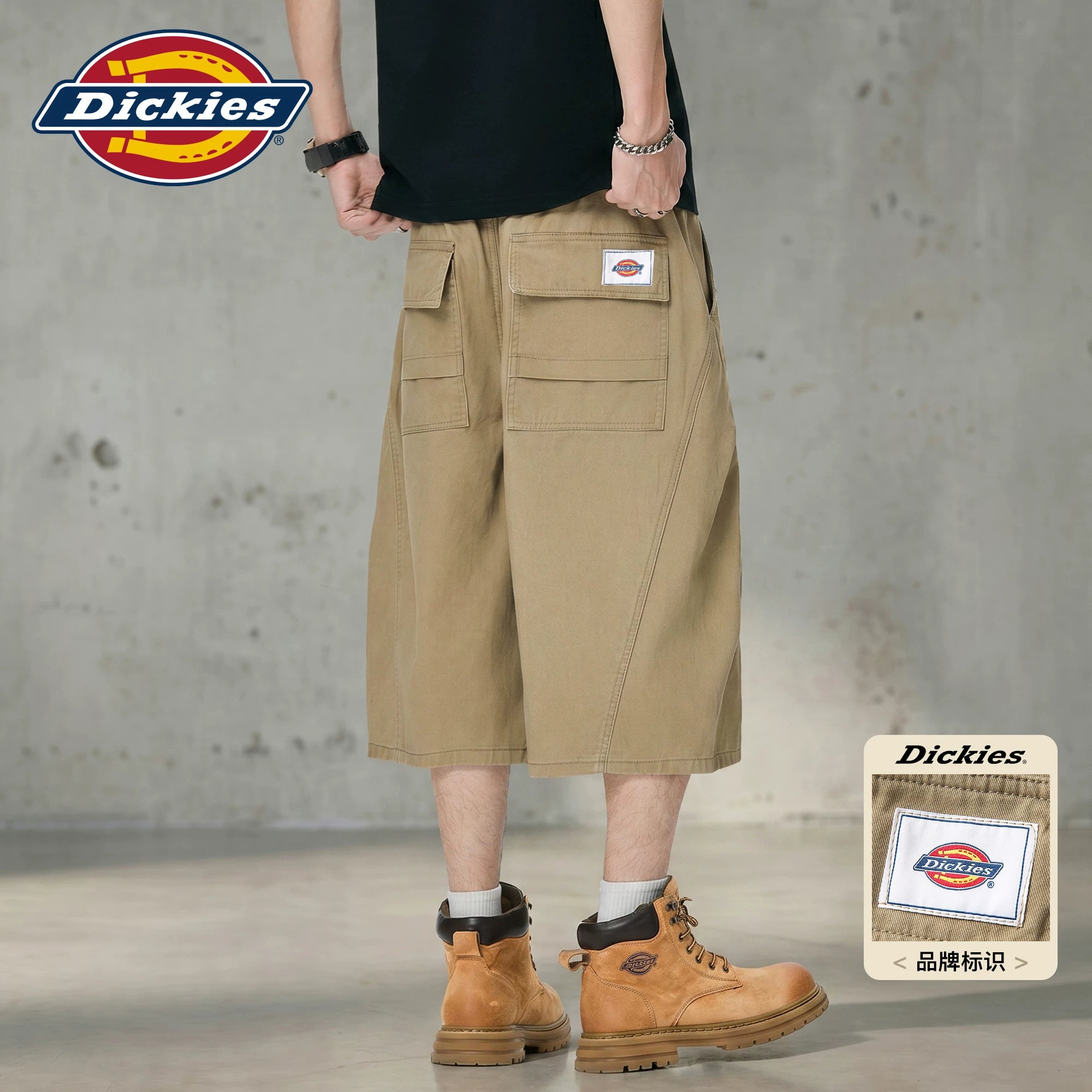 Dickies pure cotton straight leg seven quarter pants for men, summer trendy brand pleated splicing loose casual shorts M