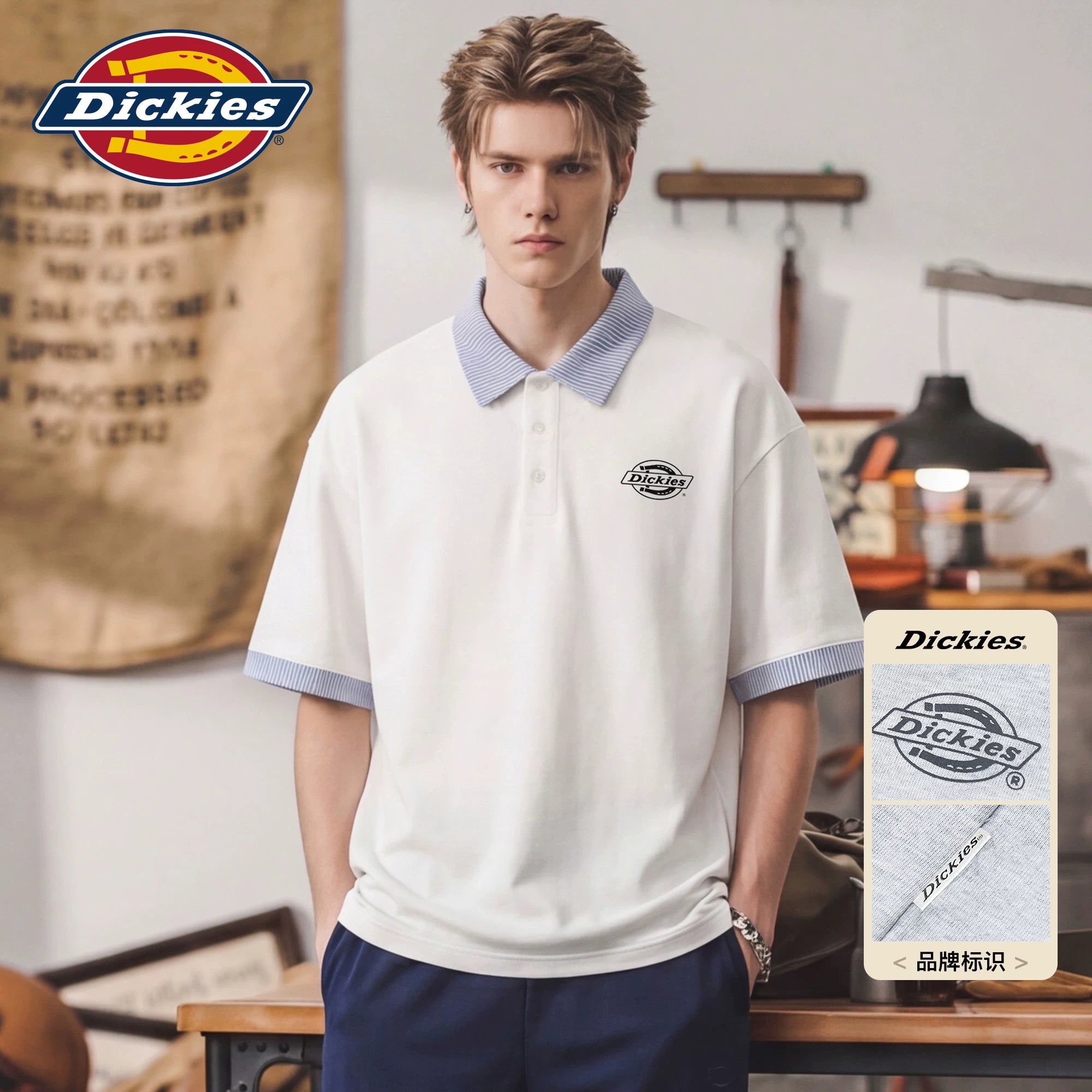 Dickies Emperor Cool Suitable Stripe Splicing Collar Short Sleeve Polo Shirt Men's Summer Casual Half Sleeve T-shirt Top M