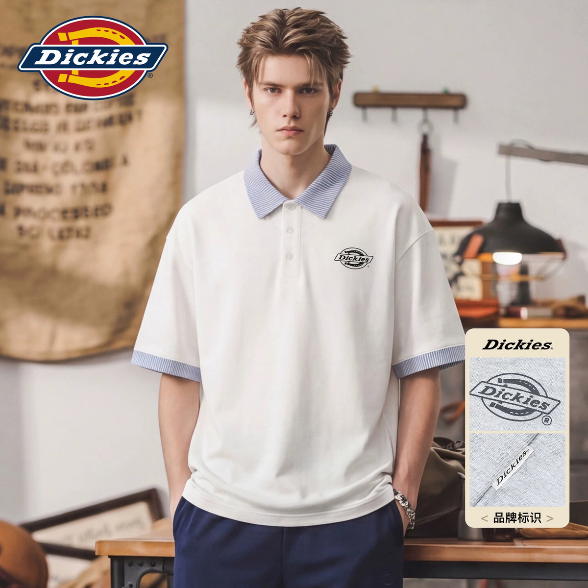 Dickies Emperor Cool Suitable Stripe Splicing Collar Short Sleeve Polo Shirt Men's Summer Casual Half Sleeve T-shirt Top M