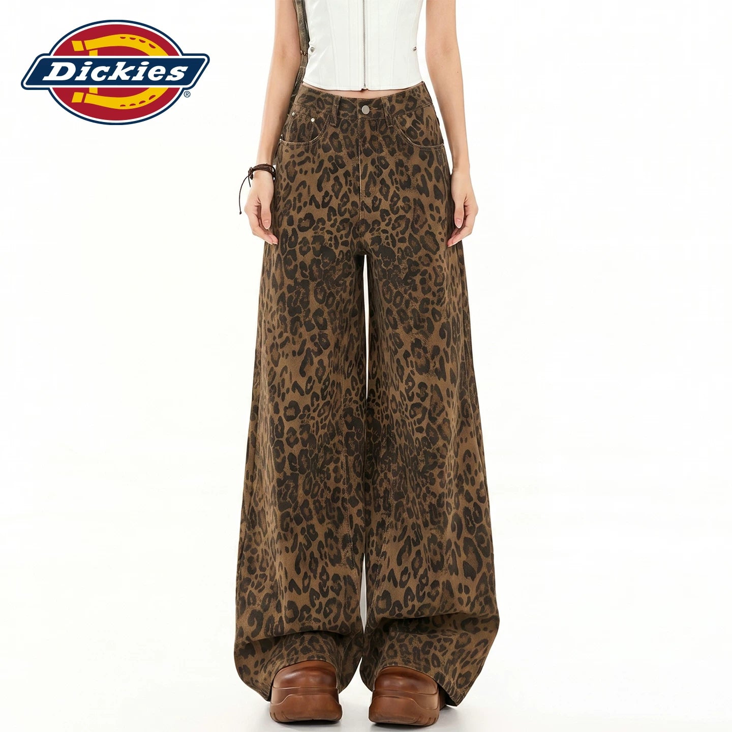Dickies is a cool and stylish American retro vintage vintage leopard print wide leg jeans for women in summer, with a high waist and slim figure, and floor length pants