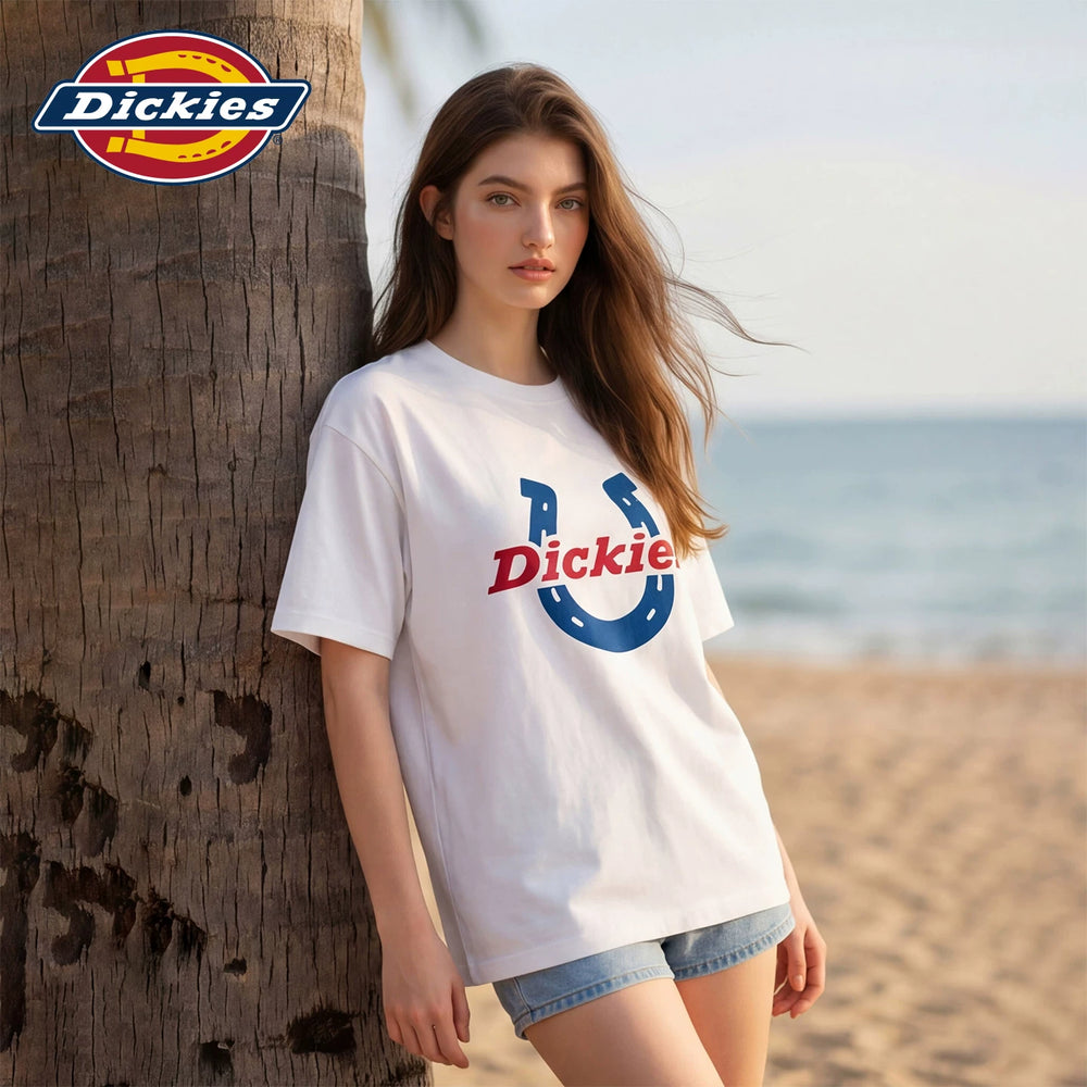 Dickies Cool Suitable White Round Neck Printed Short Sleeve T-shirt for Women 2026 Loose and Versatile Casual Top Trendy Brand M