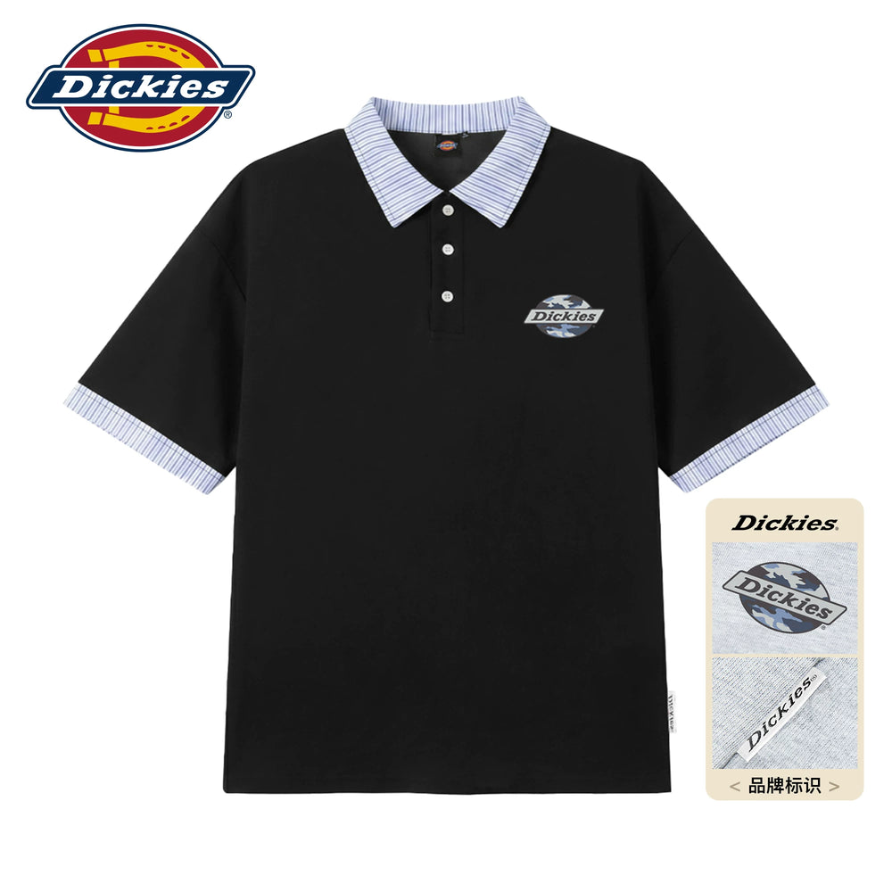 Dickies帝酷适拼接短袖POLO衫男士夏季复古条纹宽松半袖休闲上衣M