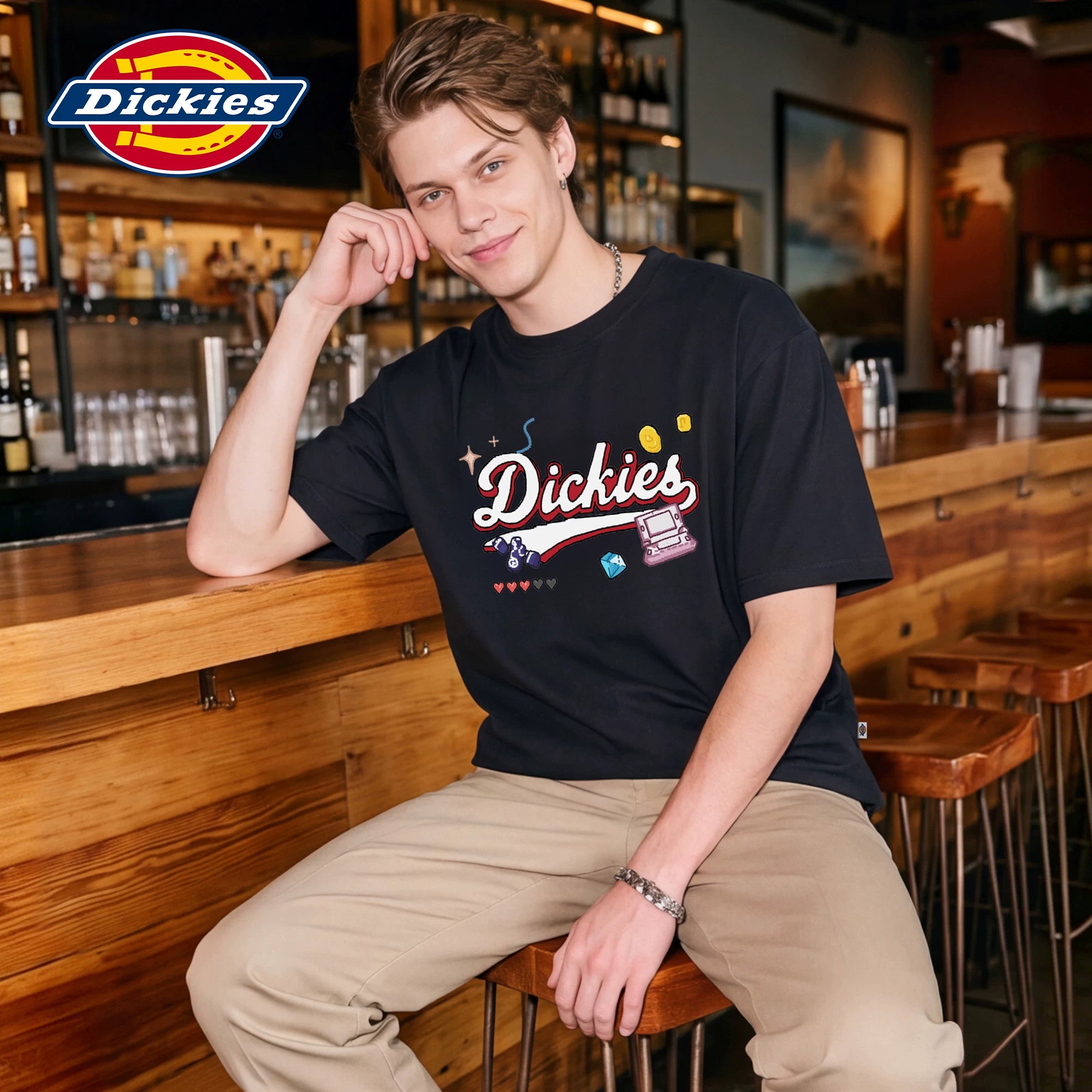Dickies Emperor Cool Suitable Children's Fun Cartoon Letter Printed Short sleeved T-shirt Men's Summer Pure Cotton Half Sleeve Loose Top M