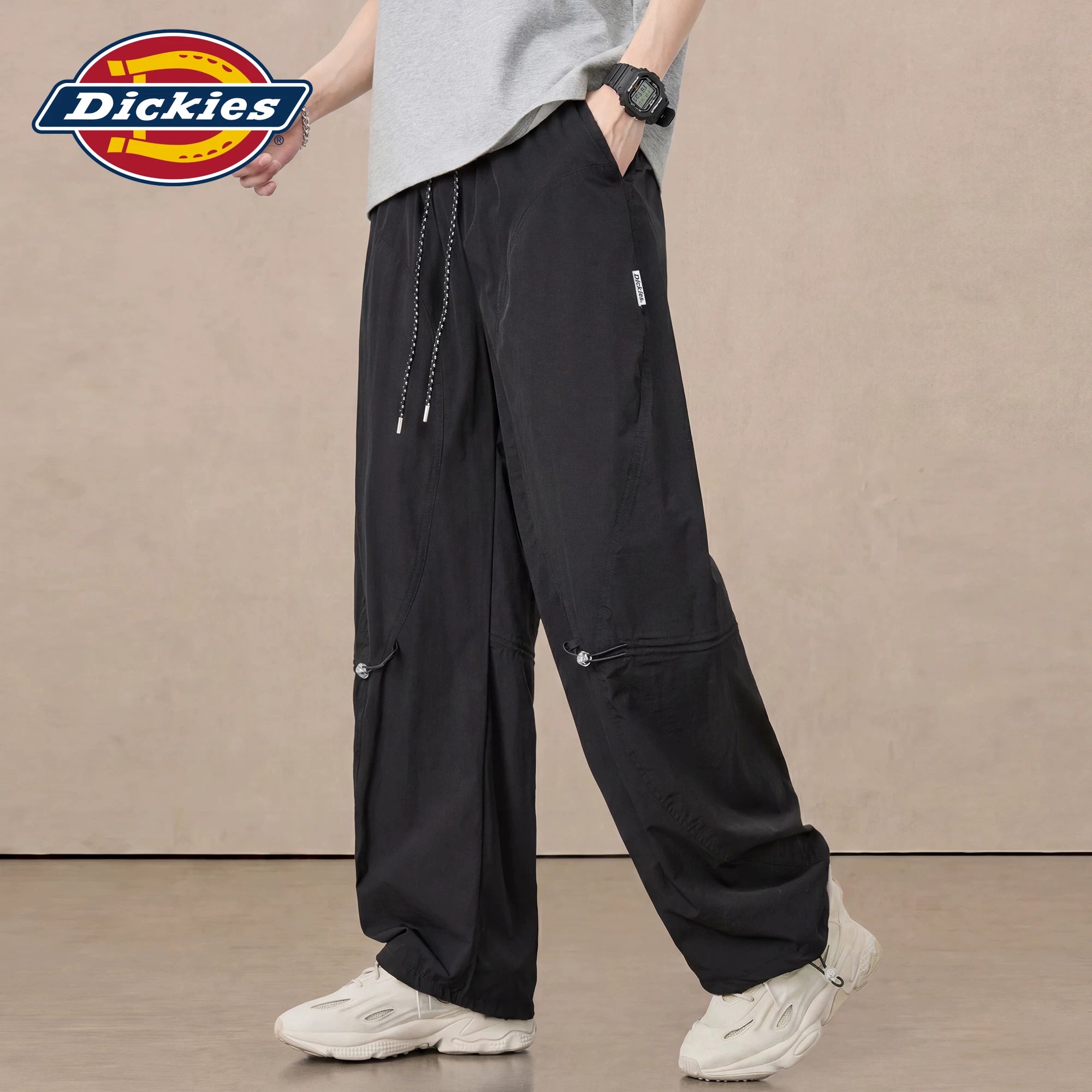 Dickies Men's Black Casual Workwear Pants, Summer Thin Loose Straight Wide-Leg Trousers, Size M