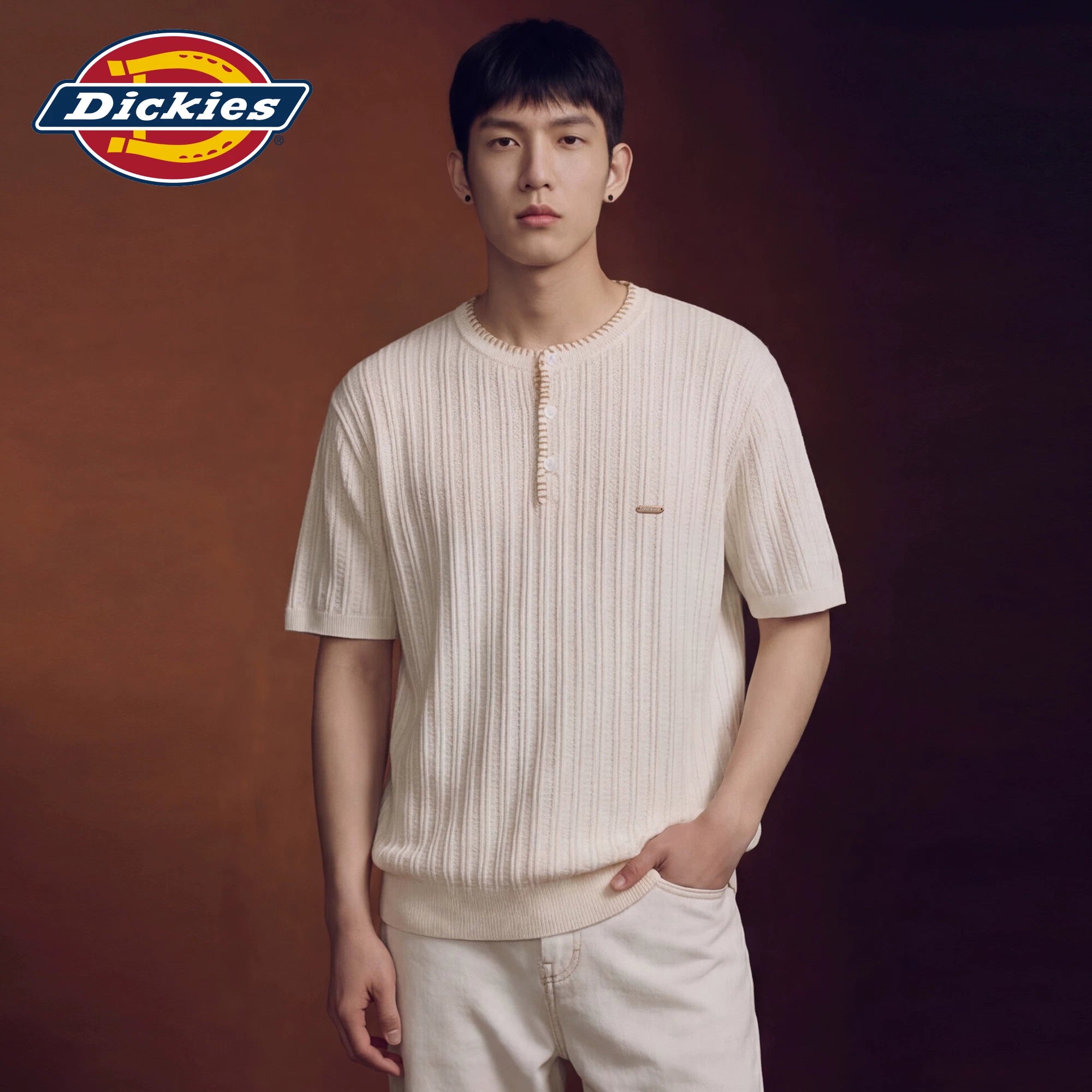 Diesel Dickies Summer Knitted Short Sleeve T-shirt for Men with Henley Neck Breathable Loose Half Sleeve Top M