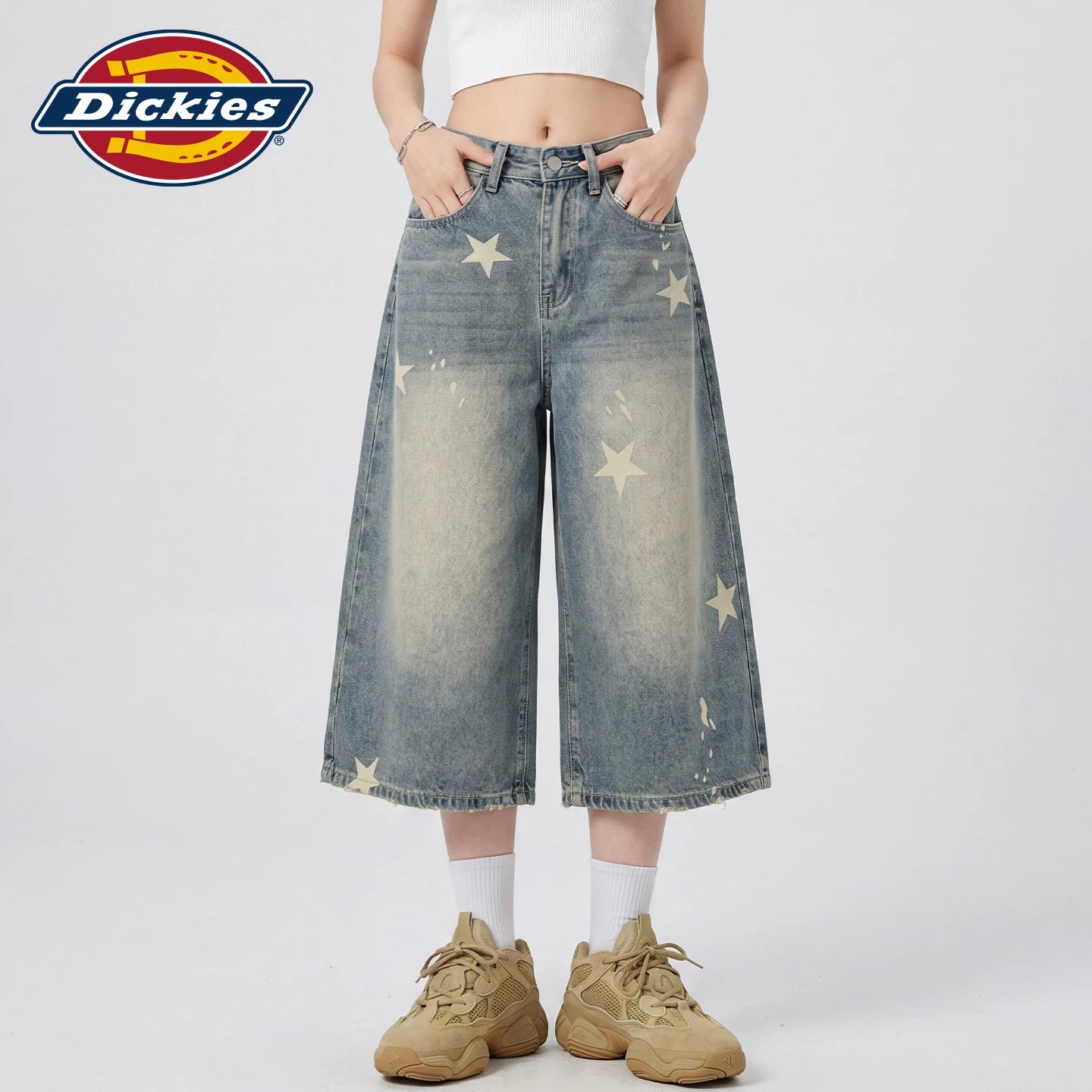Dickies Cool American Retro Star Printed Seven Cent Cowboy Shorts for Women, Vintage Washed Wide Leg Mid Pants Y