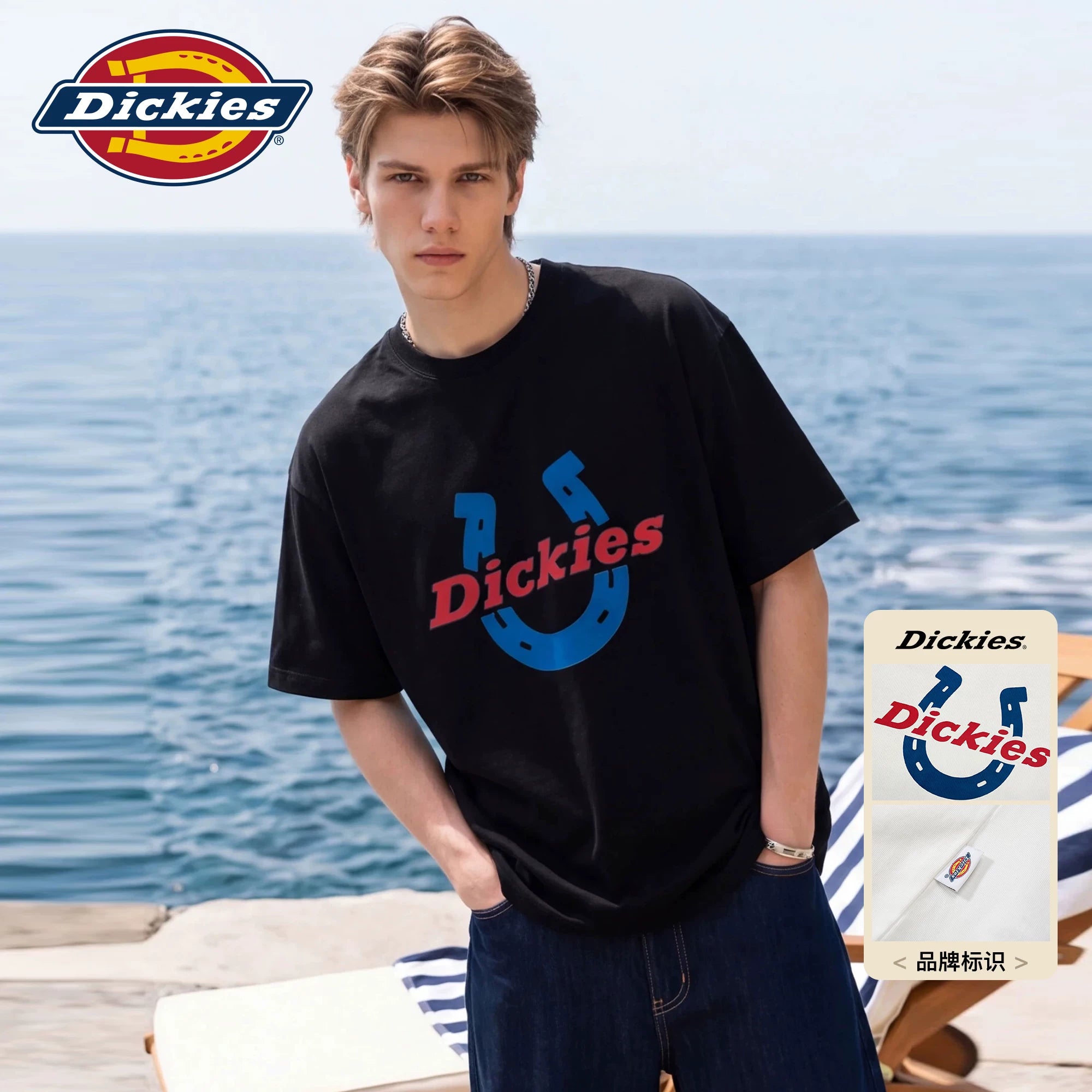 Dickies Cool Suitable American Pure Cotton Short sleeved T-shirt for Boys Summer Horseshoe Letter Printed Half Sleeve Top M