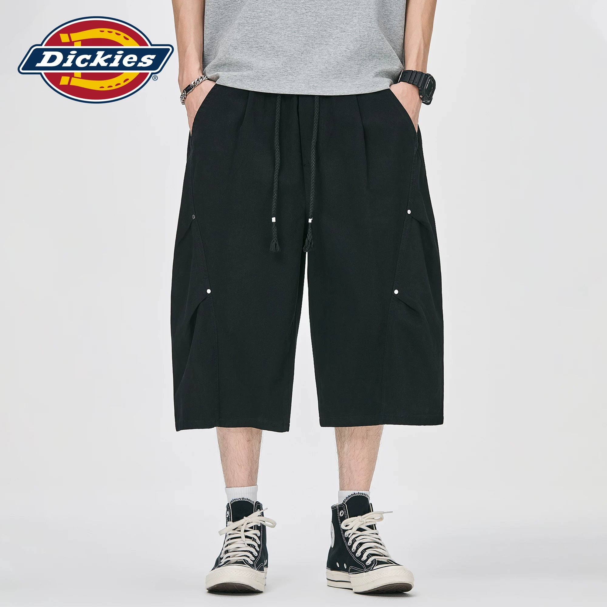 Dickies Cool American Trendy Brand Seven Point Pants for Men Summer Black Pure Cotton Loose Wide Leg Casual Middle Pants M