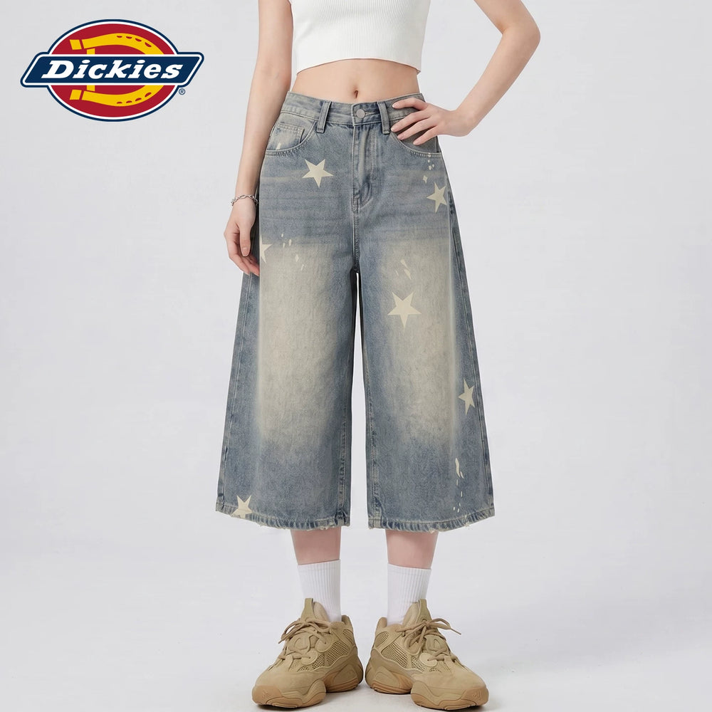 Dickies Cool American Retro Star Printed Seven Cent Cowboy Shorts for Women, Vintage Washed Wide Leg Mid Pants Y