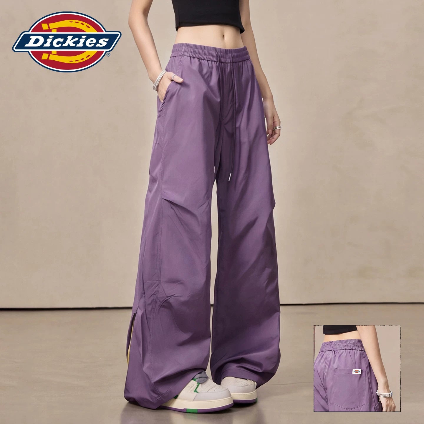 Dickies Cool Purple Wide Leg Pants for Women Summer 2026 High Waist Drawstring Versatile workwear Style Casual Pants M