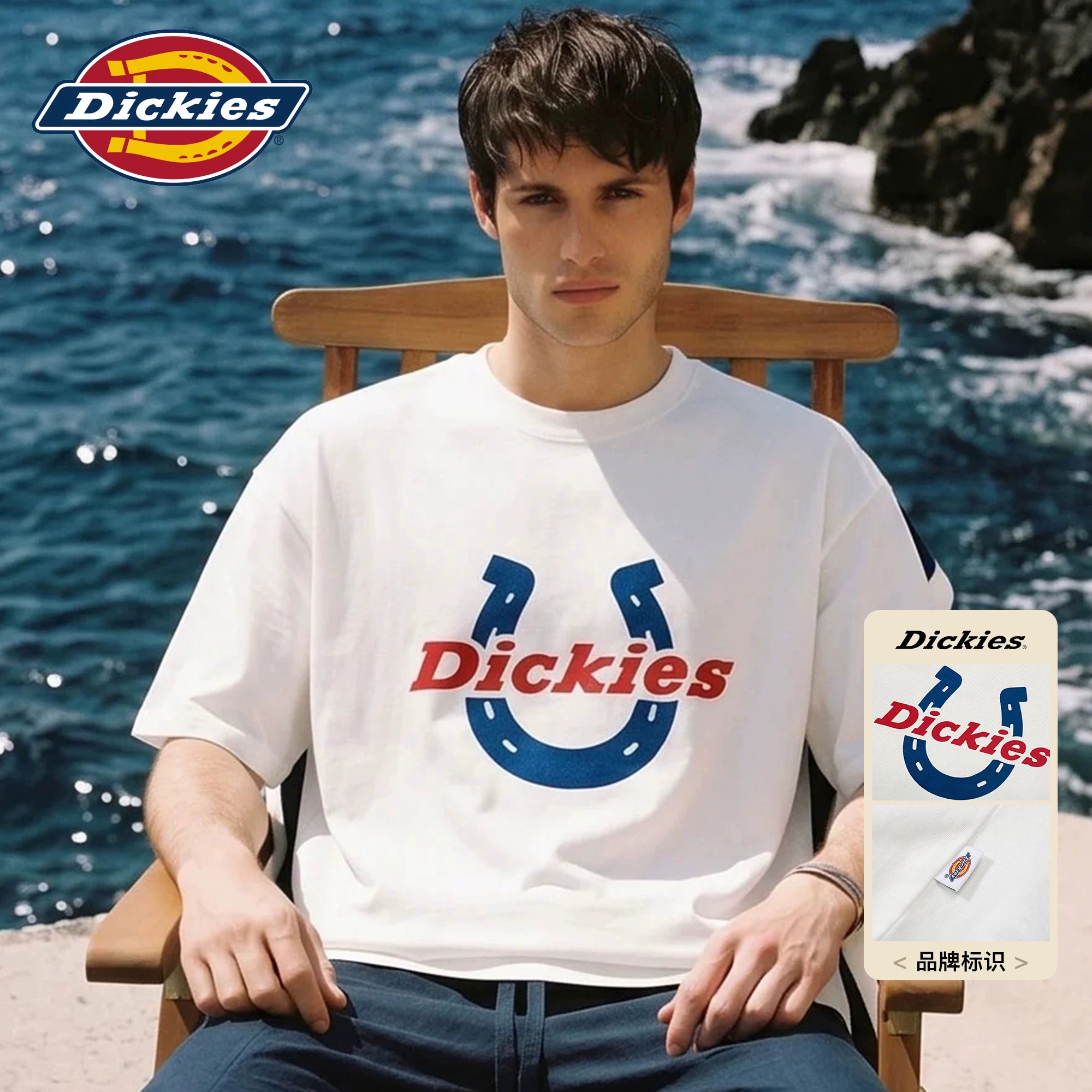 Dickies Cool Suitable American Pure Cotton Short sleeved T-shirt for Boys Summer Horseshoe Letter Printed Half Sleeve Top M