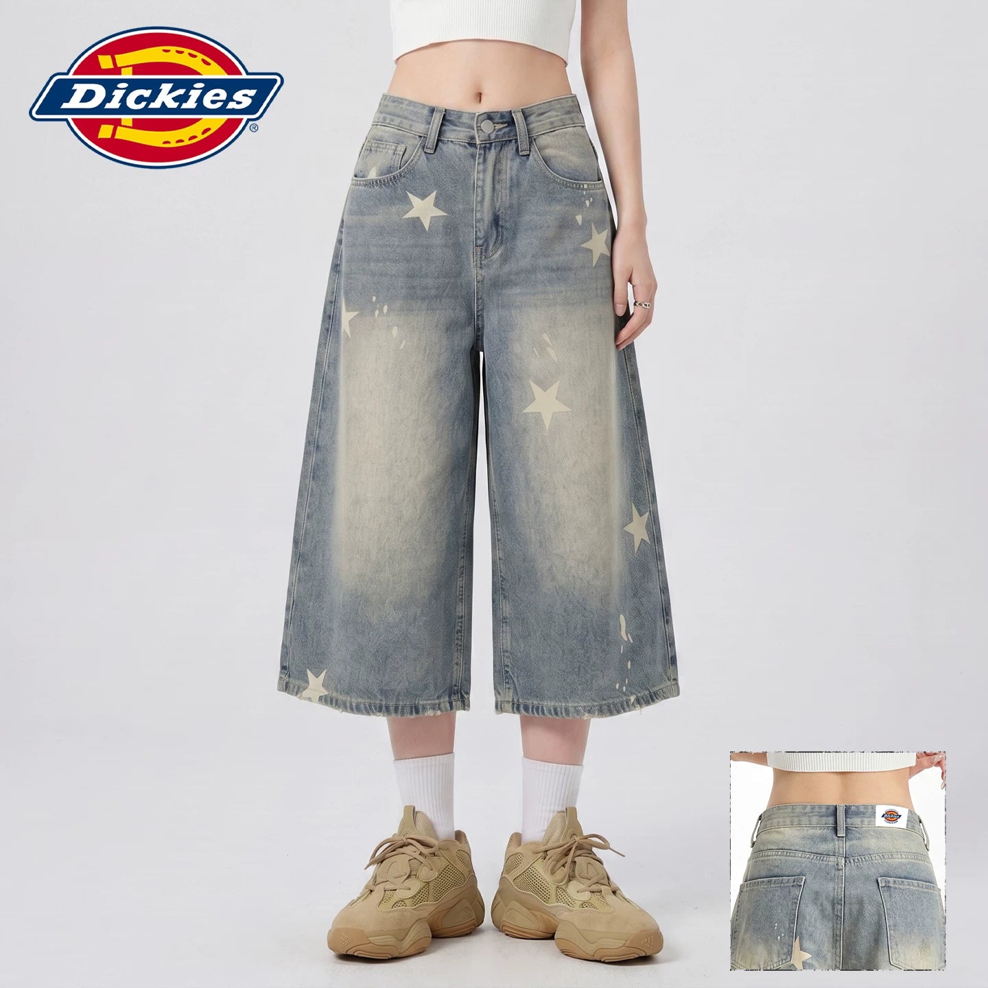 Dickies Cool American Retro Star Printed Seven Cent Cowboy Shorts for Women, Vintage Washed Wide Leg Mid Pants Y
