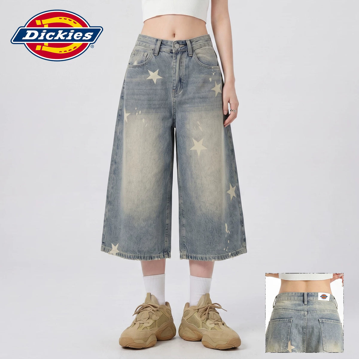 Dickies Cool American Retro Star Printed Seven Cent Cowboy Shorts for Women, Vintage Washed Wide Leg Mid Pants Y