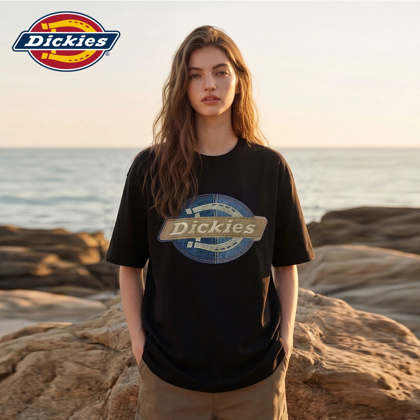 Dickies Cool Suitable navy blue round neck printed short sleeved T-shirt for women's summer new loose casual style top m