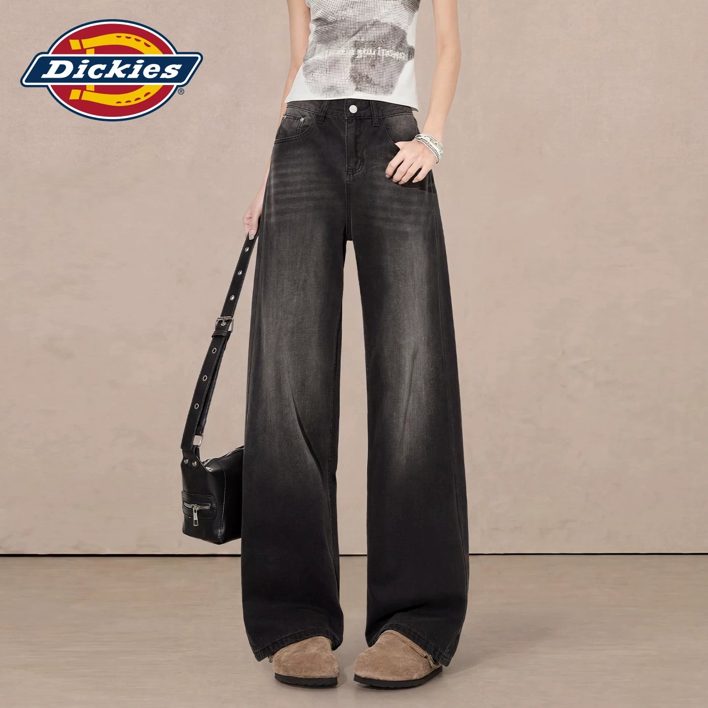Dickies Cool Washable Black Grey Wide Leg Jeans for Women in Summer, High Waist Straight Leg Pants, Small and Comfortable, M