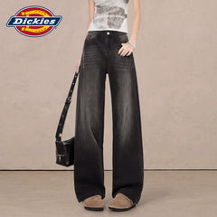 Dickies Cool Washable Black Grey Wide Leg Jeans for Women in Summer, High Waist Straight Leg Pants, Small and Comfortable, M