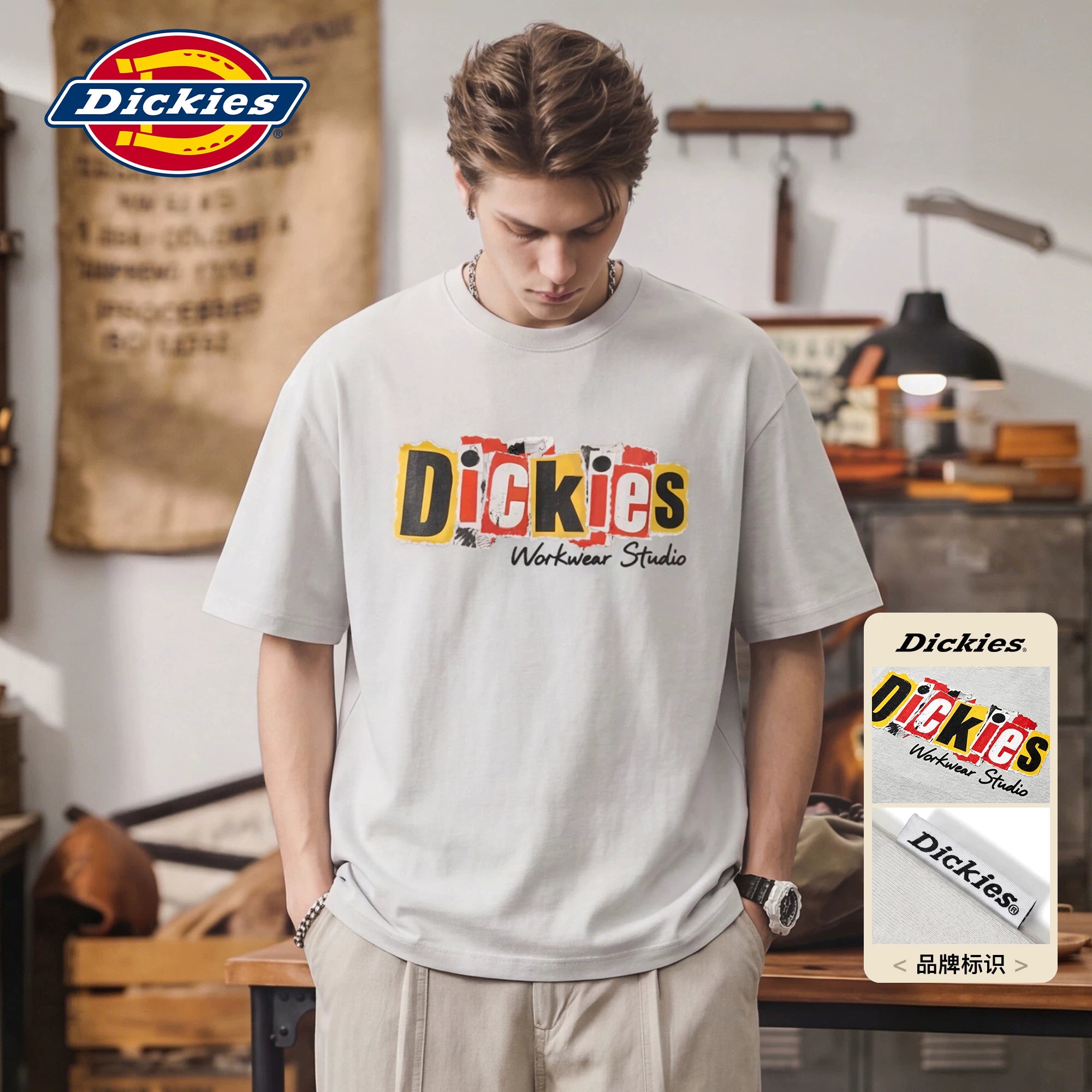 Dickies Emperor Cool Suitable American Letter Printed Short sleeved T-shirt for Men's Summer Loose and Versatile Half Sleeve Pure Cotton Top M