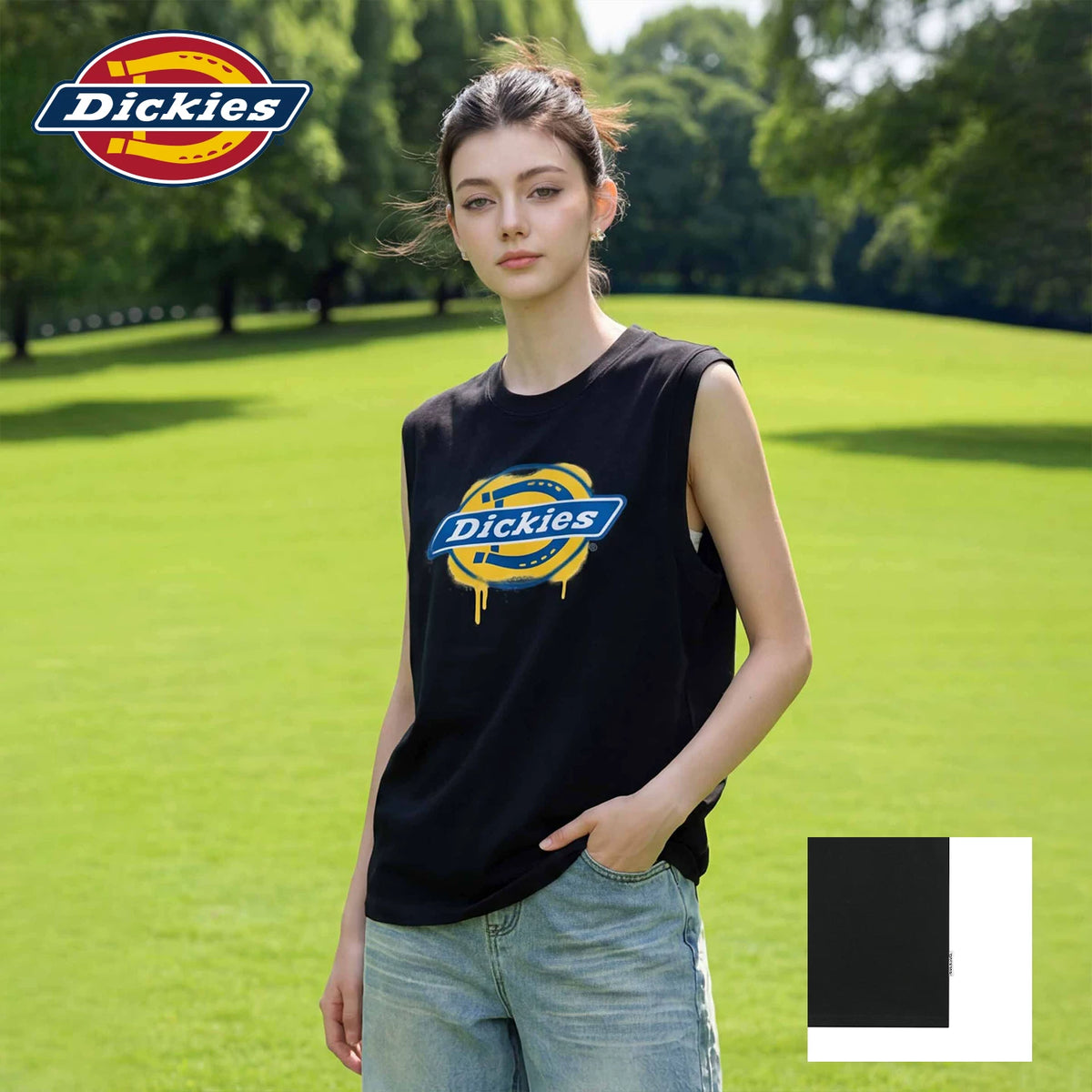 Dickies Cool Black Sleeveless Tank Top for Women 2026 Summer Casual Sports Round Neck Printed T-shirt Top m