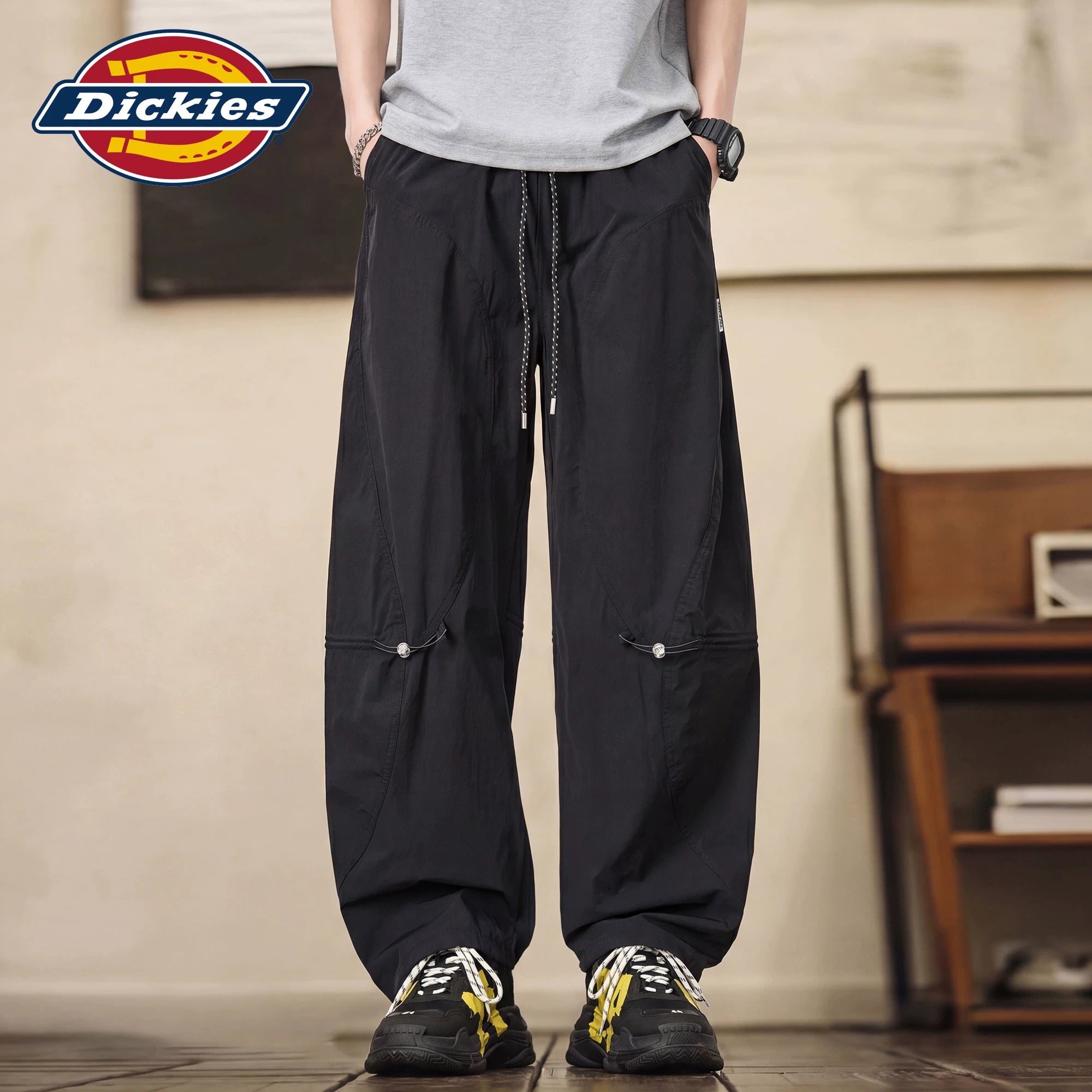 Dickies Men's Black Casual Workwear Pants, Summer Thin Loose Straight Wide-Leg Trousers, Size M
