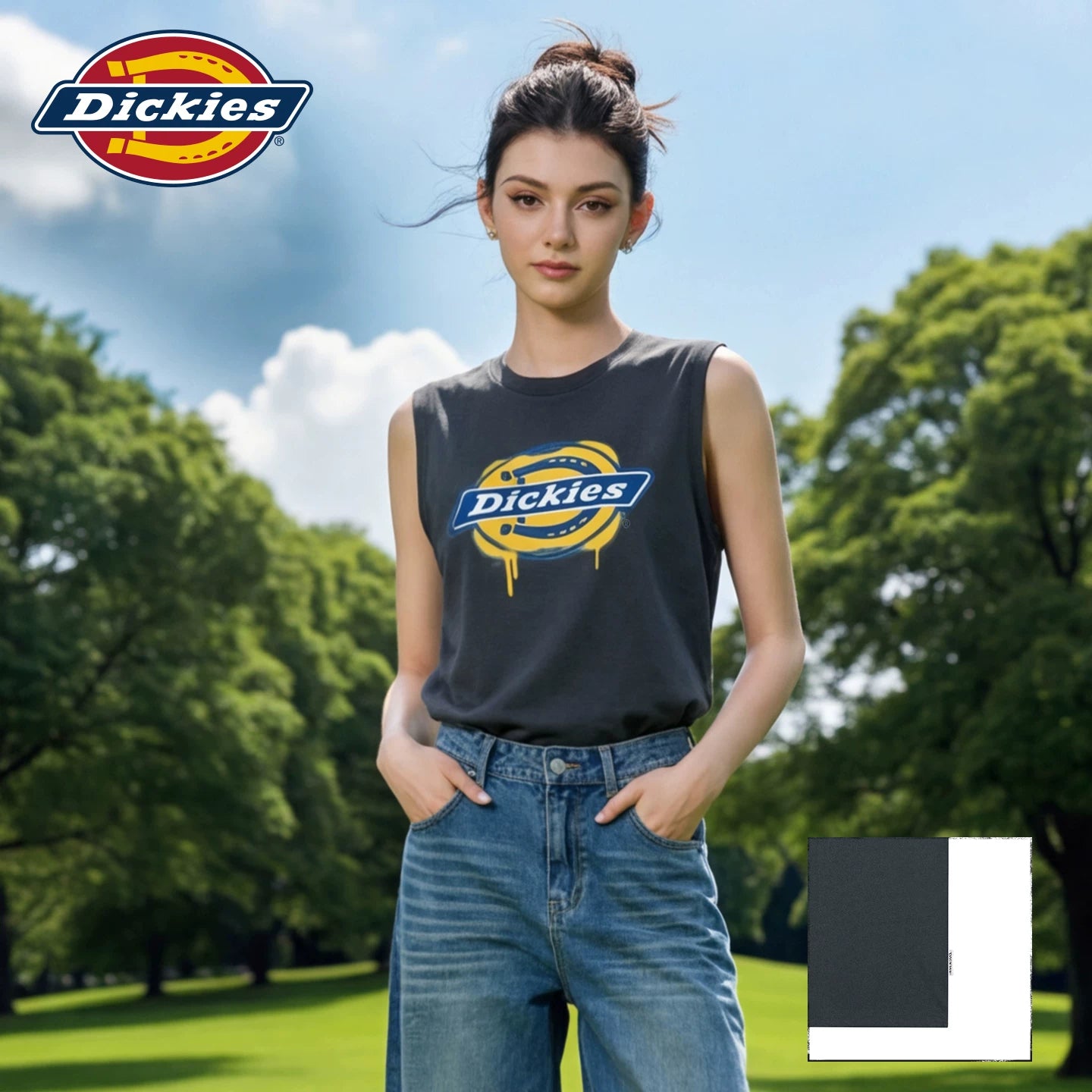 Dickies Cool Black Sleeveless Tank Top for Women 2026 Summer Casual Sports Round Neck Printed T-shirt Top m