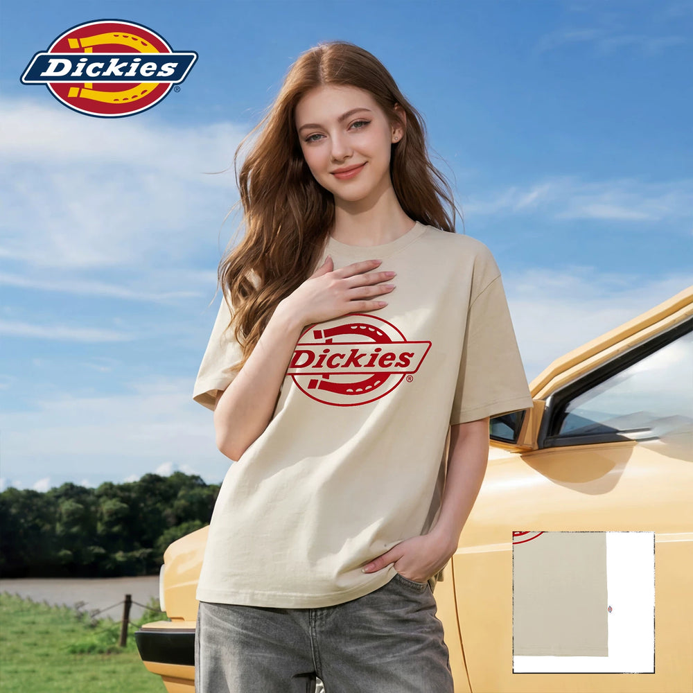 Dickies Cool American Trendy Brand Printed Short sleeved T-shirt for Women in 2026 Summer Loose Cotton Round Neck Top m